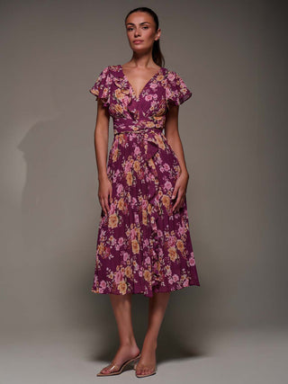 Printed Ruffle Detail Pleated Chiffon Mi, Fuchsia Floral