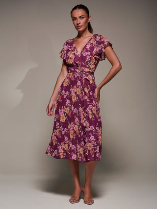 Printed Ruffle Detail Pleated Chiffon Midi, Fuchsia Floral