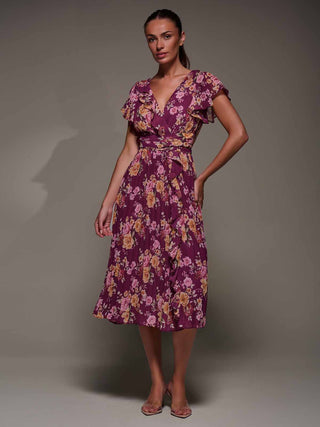 Printed Ruffle Detail Pleated Chiffon Mi, Fuchsia Floral