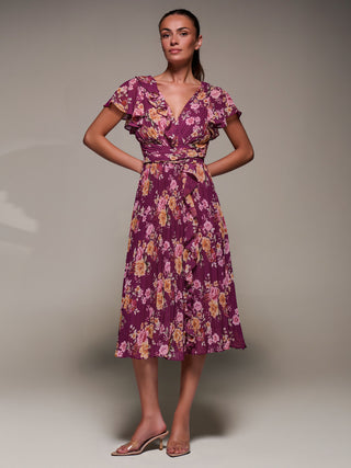 open lace back dress Printed Ruffle Detail Pleated Chiffon Mi, Fuchsia Floral – Jolie Moi Retail