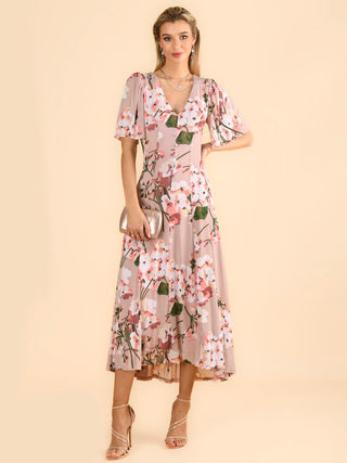 Mabilla Floral Print Mesh Maxi Dress, Dusty Pink