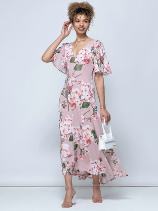 Mabilla Floral Print Mesh Maxi Dress, Dusty Pink