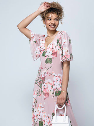 Mabilla Floral Print Mesh Maxi Dress, Dusty Pink