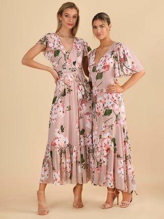 Mabilla Floral Print Mesh Maxi Dress, Dusty Pink