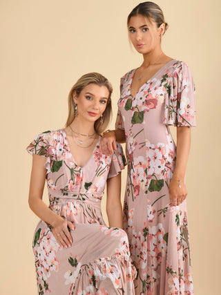 Mabilla Floral Print Mesh Maxi Dress, Dusty Pink