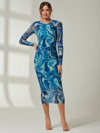 Mabyn Mesh Long Sleeve Midaxi Dress, Blue Multi