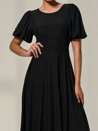 Puff Sleeve Mesh Midi Dress, Black