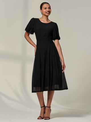 Puff Sleeve Mesh Midi Dress, Black