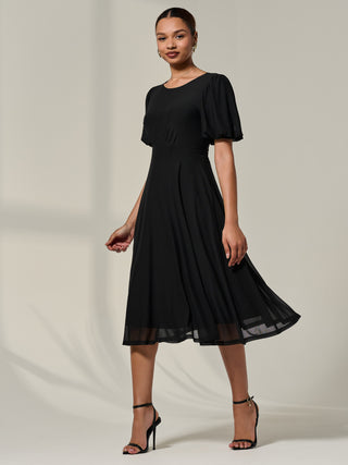 Puff Sleeve Mesh Midi Dress, Black