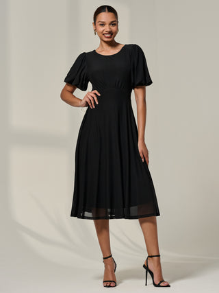 Collared Cap Sleeve Midi Dress, Black