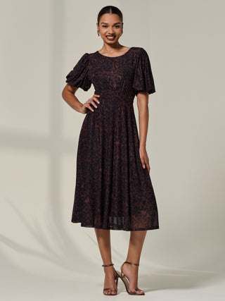 Puff Sleeve Mesh Midi Dress, Brown Leopard