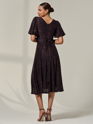 Puff Sleeve Mesh Midi Dress, Brown Leopard