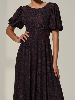 Puff Sleeve Mesh Midi Dress, Brown Leopard