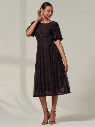 Puff Sleeve Mesh Midi Dress, Brown Leopard