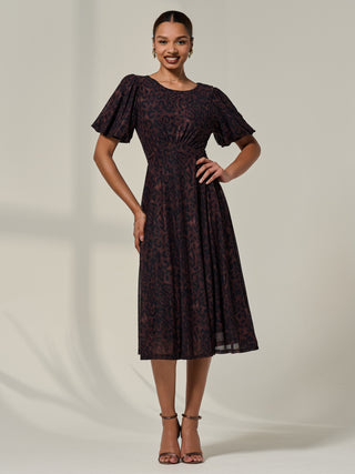 Puff Sleeve Mesh Midi Dress, Brown Leopard