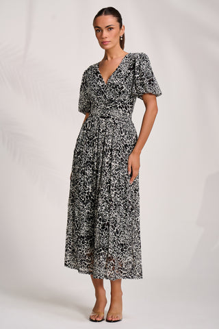 Puff Sleeve Printed Lace Maxi Dress, Black Animal