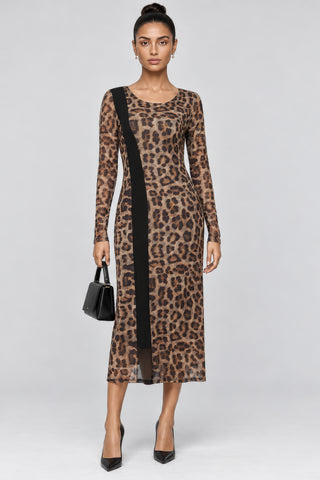 Leopard Print Panel Insert Mesh Dress, Brown Animal