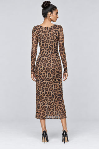 Leopard Print Panel Insert Mesh Dress, Brown Animal