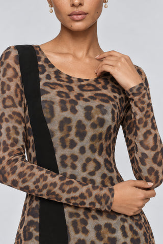 Leopard Print Panel Insert Mesh Dress, Brown Animal