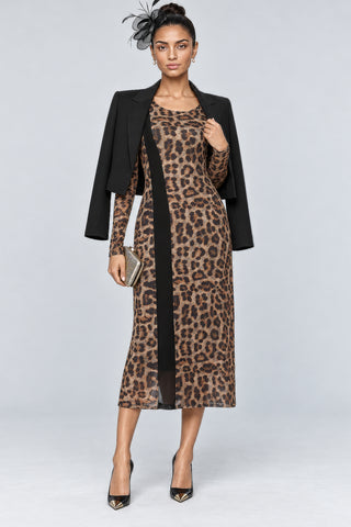 Leopard Print Panel Insert Mesh Dress, Brown Animal