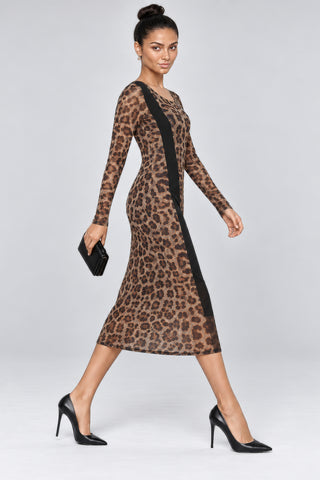 Leopard Print Panel Insert Mesh Dress, Brown Animal