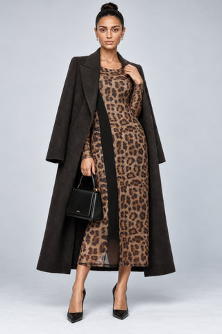 Leopard Print Panel Insert Mesh Dress, Brown Animal