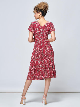 Stacy Floral Print Cross Front Midi Dress, Wine Floral