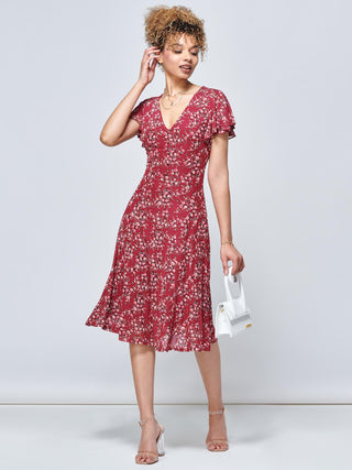 Stacy Floral Print Cross Front Midi Dress, Wine Floral