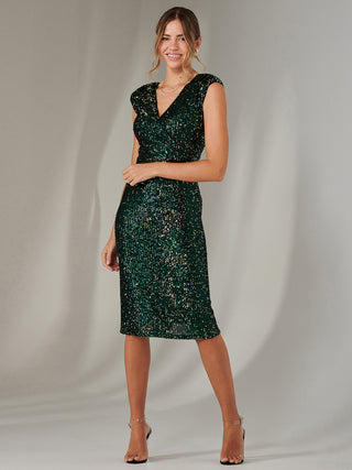 Wrap Bodice Sequin Midi Dress, Black Green