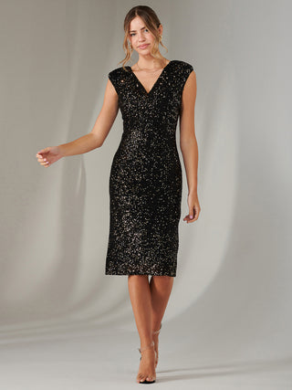 Wrap Bodice Sequin Midi Dress, Black Rose Gold