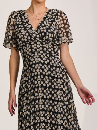Chiffon Floaty Sleeved Midaxi Dress, Black Spot