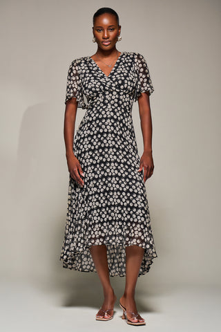 Chiffon Floaty Sleeved Midaxi Dress, Black Spot