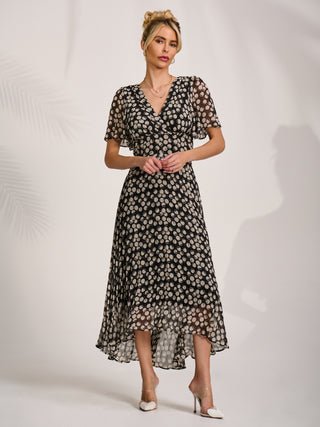 Chiffon Floaty Sleeved Midaxi Dress, Black Spot