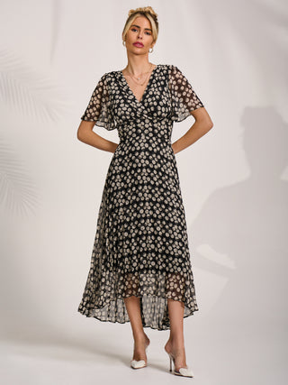 Chiffon Floaty Sleeved Midaxi Dress, Black Spot