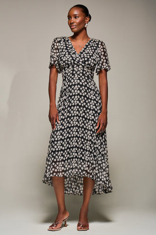 Chiffon Floaty Sleeved Midaxi Dress, Black Spot