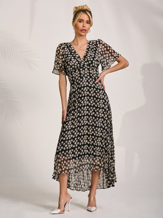 Chiffon Floaty Sleeved Midaxi Dress, Black Spot