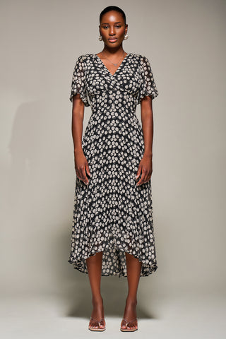 Chiffon Floaty Sleeved Midaxi Dress, Black Spot