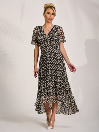 Chiffon Floaty Sleeved Midaxi Dress, Black Spot