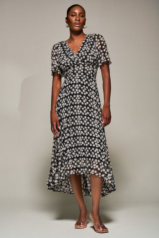 Chiffon Floaty Sleeved Midaxi Dress, Black Spot