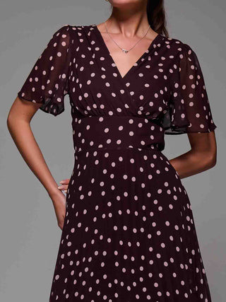 Chiffon Floaty Sleeved Midaxi Dress Burgundy Spot