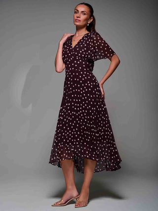 Chiffon Floaty Sleeved Midaxi Dress Burgundy Spot