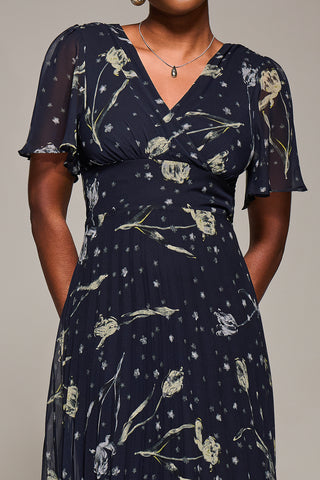 Chiffon Floaty Sleeved Midaxi Dress, Navy Abstract