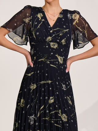 Chiffon Floaty Sleeved Midaxi Dress, Navy Abstract