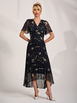 Chiffon Floaty Sleeved Midaxi Dress, Navy Abstract