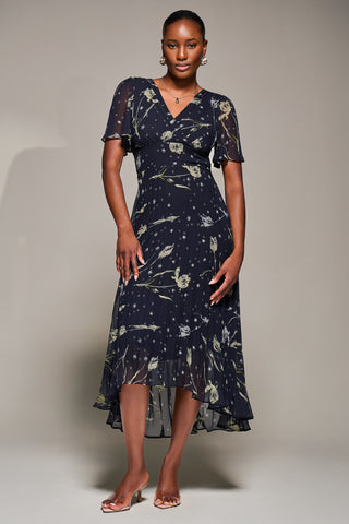 Chiffon Floaty Sleeved Midaxi Dress, Navy Abstract