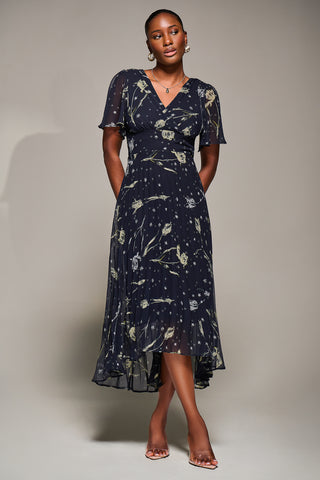 Chiffon Floaty Sleeved Midaxi Dress, Navy Abstract