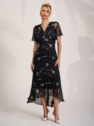 Chiffon Floaty Sleeved Midaxi Dress, Navy Abstract