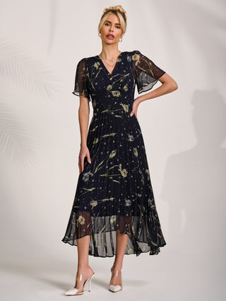 Chiffon Floaty Sleeved Midaxi Dress, Navy Abstract