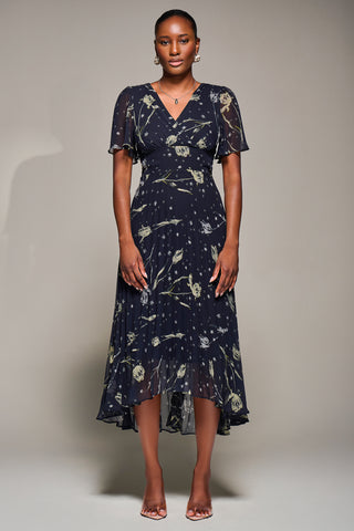 Chiffon Floaty Sleeved Midaxi Dress, Navy Abstract