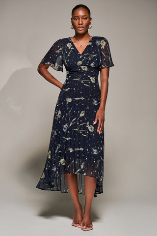 Chiffon Floaty Sleeved Midaxi Dress, Navy Abstract